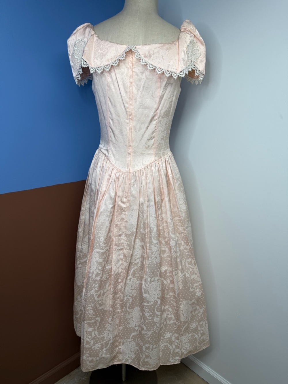 Vintage 1980s Scott McClintock Peach Brocade Floral Lace Trim Formal Dress Sz 12 - Picture 6 of 8